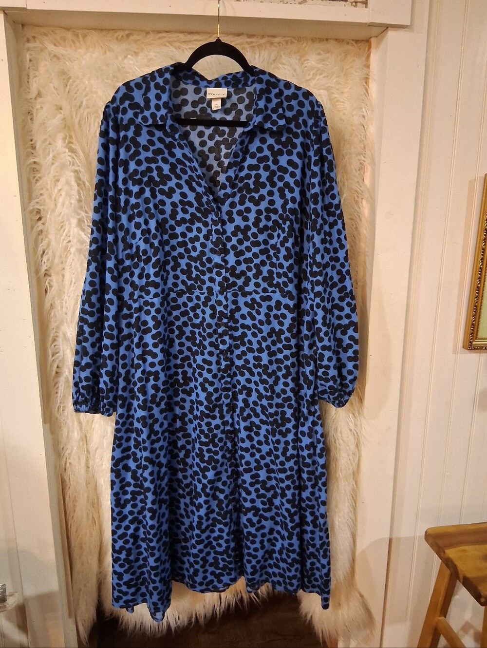 Blue Midi Dress with Black Spot Print